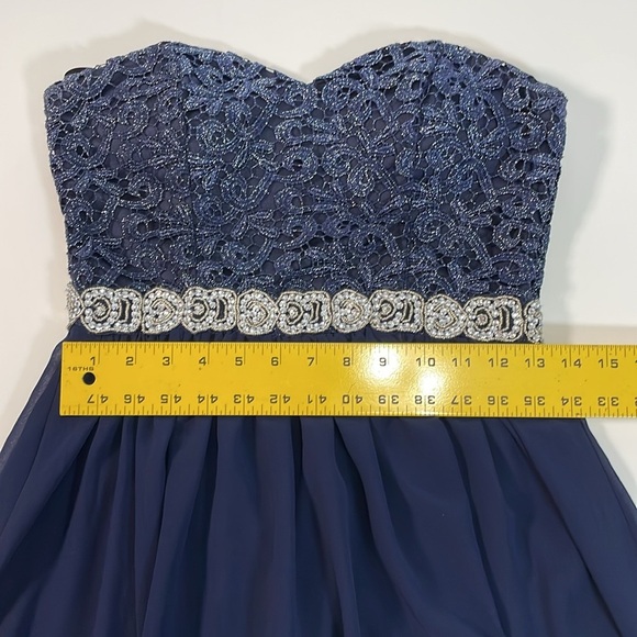 CITY STUDIO Strapless Sz 9 Navy Sparkly Rhinestone Belted High Low Formal Dress - Picture 9 of 13